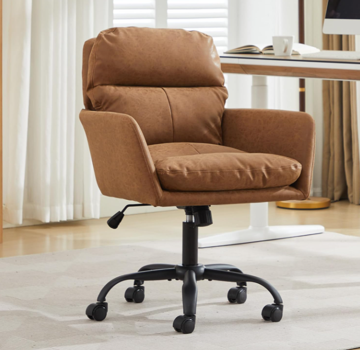 Yrttools Adjustable Faux Leather Home Office Chair with Padded Arms, 360° Swivel & Smooth-Rolling Casters, Brown